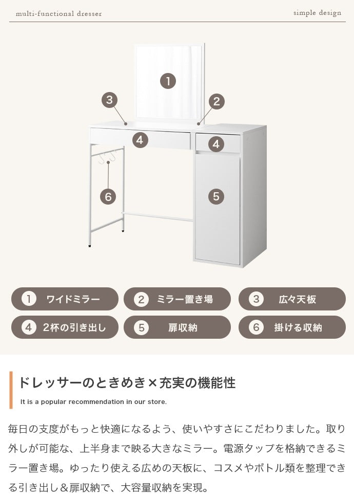 デスクドレッサー + チェアセット 鏡取り外し可能 コンセント付き 幅100cm 左右レイアウト可