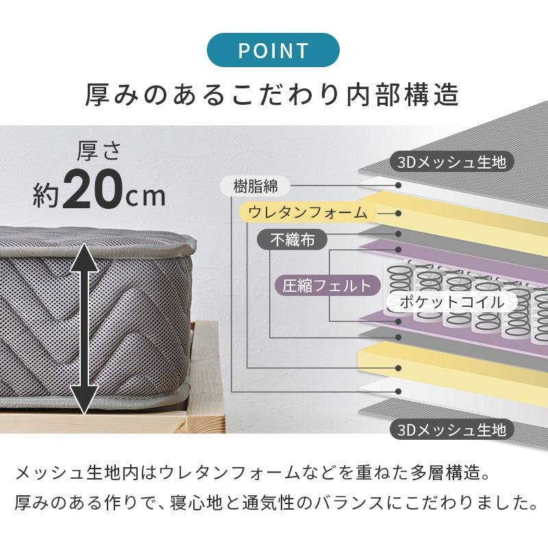 シングルマットレス リバーシブル 両面ポケットコイル 3Dメッシュ 通気性 高反発 寝返り 一人暮らし