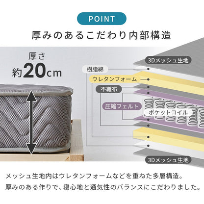 シングルマットレス リバーシブル 両面ポケットコイル 3Dメッシュ 通気性 高反発 寝返り 一人暮らし