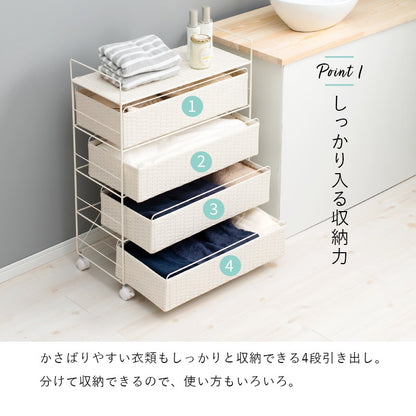 ランドリーラック 4段 幅60cm ワイド キャスター付き ラタン調 スチールフレーム 洗濯収納