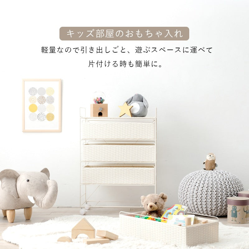 ランドリーラック 4段 幅60cm ワイド キャスター付き ラタン調 スチールフレーム 洗濯収納