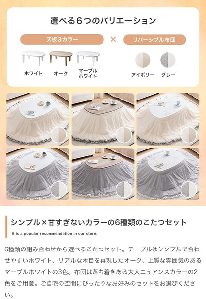 こたつセット 2点 楕円形 90×60cm リバーシブル掛け布団 薄型ヒーター オールシーズン 一人用