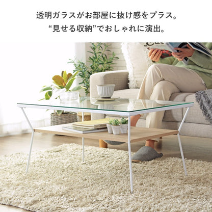 ローテーブル ガラス天板 80×50cm 強化ガラス 収納棚付き センターテーブル アジャスター おしゃれ