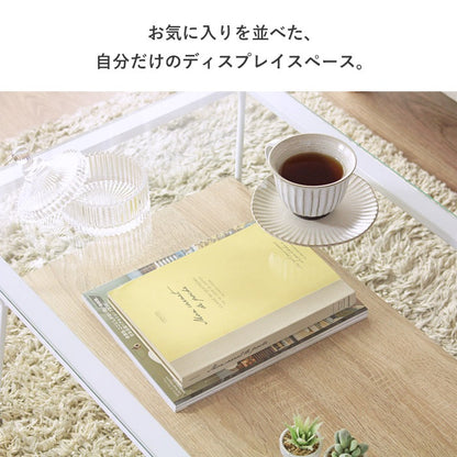 ローテーブル ガラス天板 80×50cm 強化ガラス 収納棚付き センターテーブル アジャスター おしゃれ