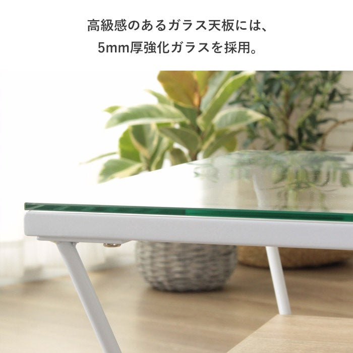 ローテーブル ガラス天板 80×50cm 強化ガラス 収納棚付き センターテーブル アジャスター おしゃれ
