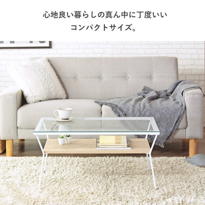 ローテーブル ガラス天板 80×50cm 強化ガラス 収納棚付き センターテーブル アジャスター おしゃれ