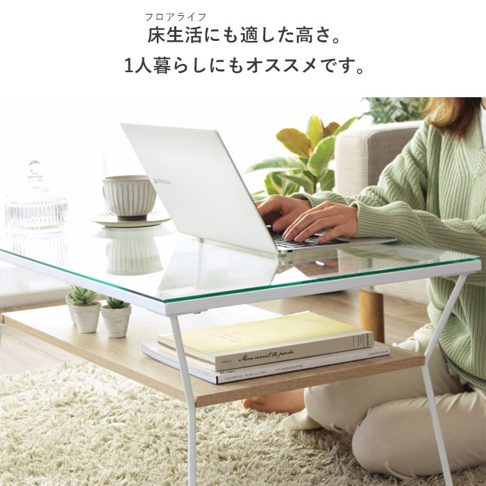 ローテーブル ガラス天板 80×50cm 強化ガラス 収納棚付き センターテーブル アジャスター おしゃれ