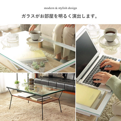 ローテーブル ガラス天板 80×50cm 強化ガラス 収納棚付き センターテーブル アジャスター おしゃれ
