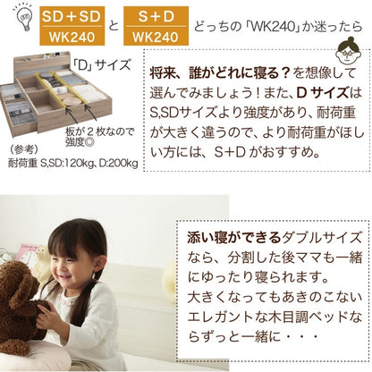 連結ファミリーベッド 大型 ワイドキング 幅200cm (シングル+シングル) ベッドフレーム単品 コンセント付き 棚付き 大容量収納