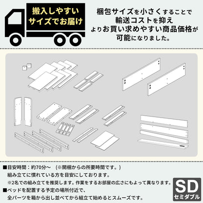 セミダブルベッド ベッドフレーム 棚付き コンセント付き 引出しx2 高耐久