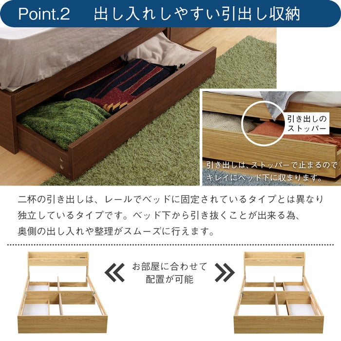 シングルベッド＋高反発ブラックマットレスセット S 棚付き コンセント付き 引き出し2杯