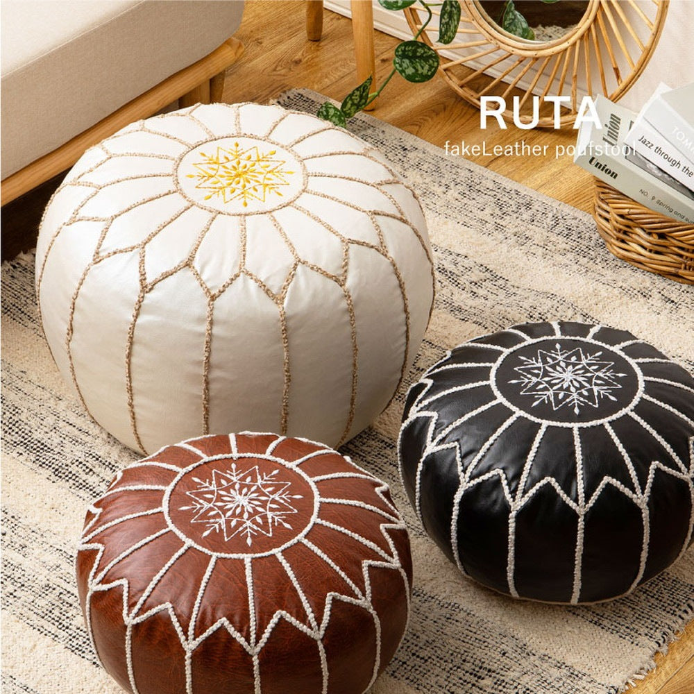 モロッカンプフ Mサイズ 直径40cm PUレザー 刺繍 スツール サイドテーブル オットマン エスニック