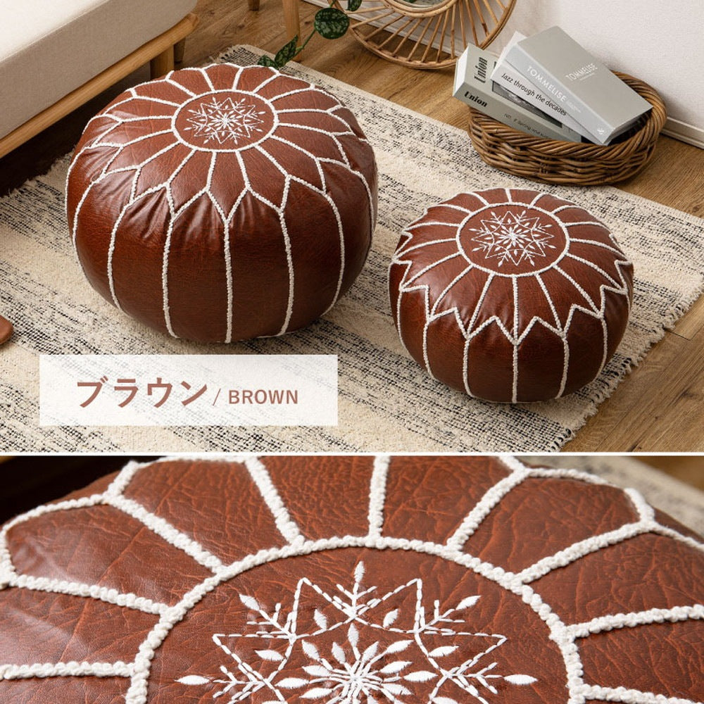 モロッカンプフ Mサイズ 直径40cm PUレザー 刺繍 スツール サイドテーブル オットマン エスニック