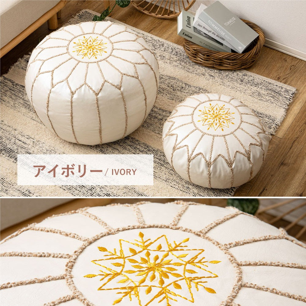 モロッカンプフ Mサイズ 直径40cm PUレザー 刺繍 スツール サイドテーブル オットマン エスニック