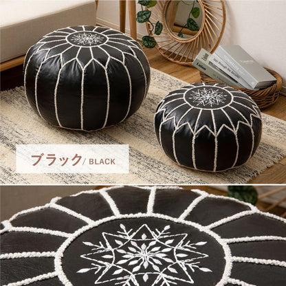 モロッカンプフ Lサイズ 直径50cm×35cm PUレザー 円形 スツール／サイドテーブル／オットマン 刺繍 ルタ