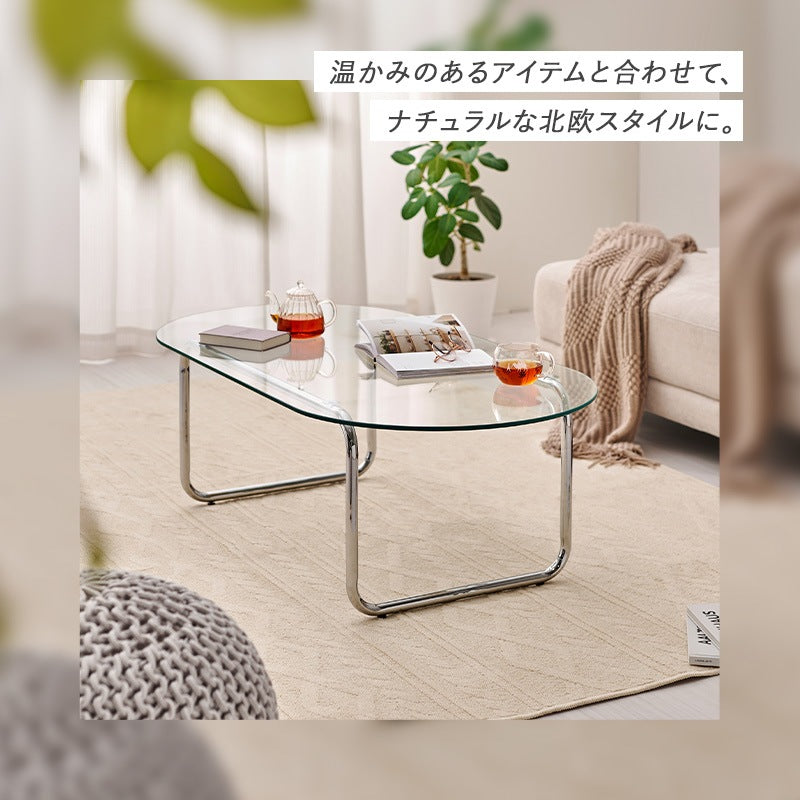 ローテーブル ガラス天板 楕円形 120×60cm スチール脚 センターテーブル おしゃれ モダン リビング