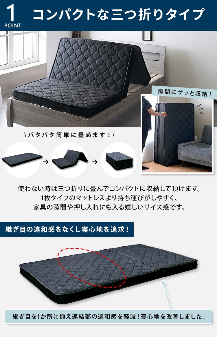 マットレス シングル 三つ折り ポケットコイル 高反発 厚さ10cm 折りたたみ 収納 一人暮らし