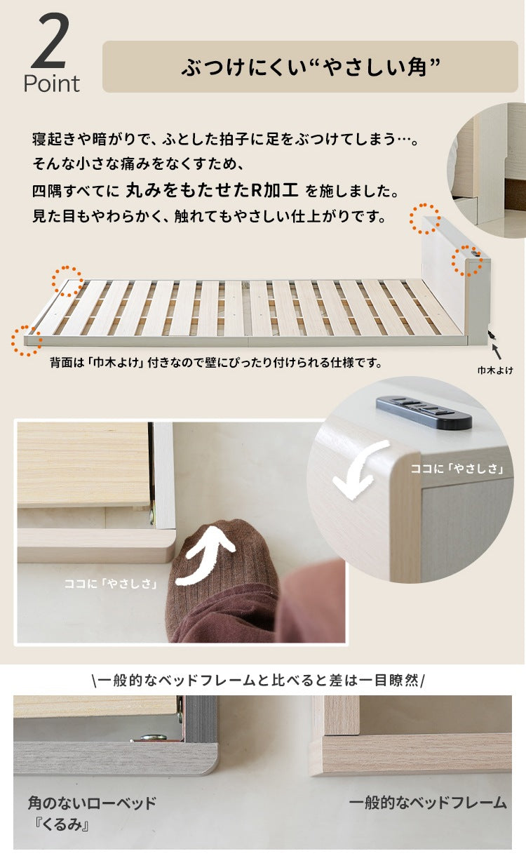 スモールセミシングル SSS ベッドフレーム単品 2口コンセント すのこ 連結可能 ローベッド／フロアベッド 角無し 安全