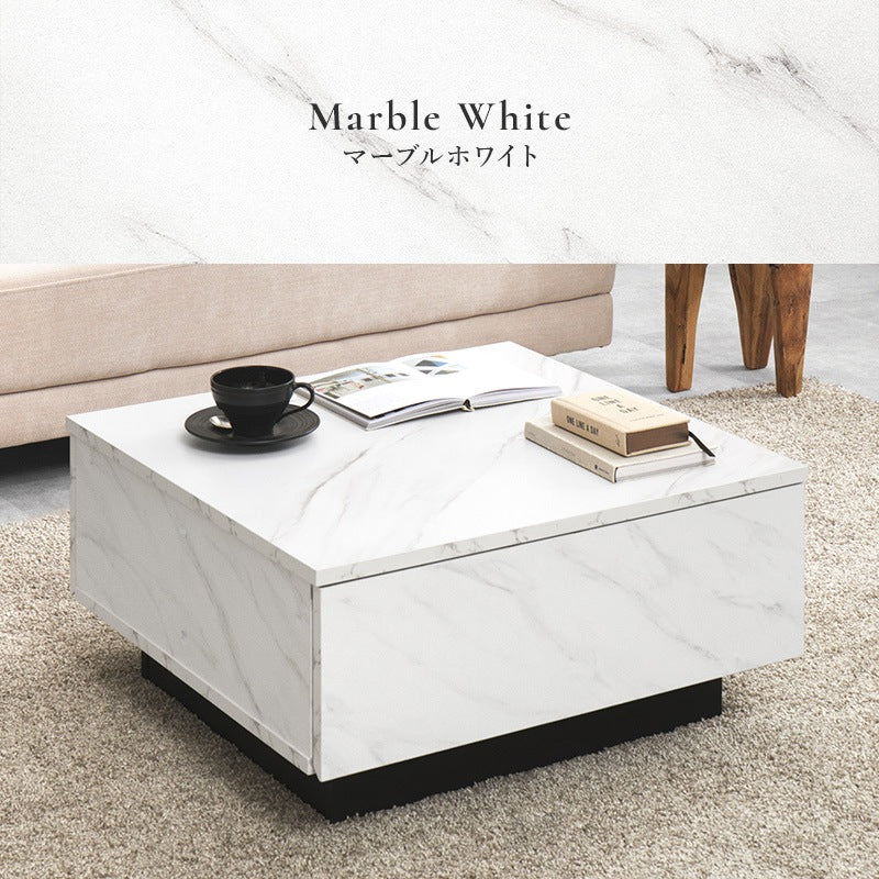 センターテーブル 69×69cm 石目調 ローテーブル 引き出し2杯 スタイリッシュ 収納テーブル 撥水テーブル
