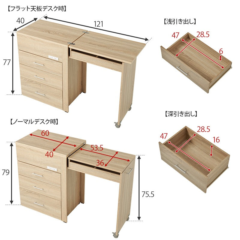 3way 伸縮ドレッサー PCデスク／チェスト／ドレッサー 2口コンセント 幅62.5～121cm