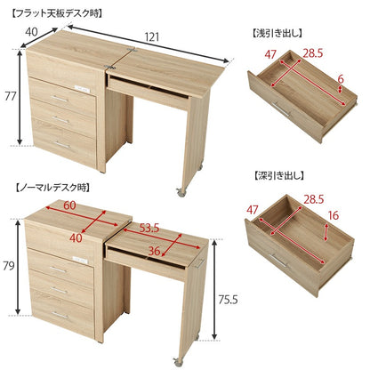 3way 伸縮ドレッサー PCデスク／チェスト／ドレッサー 2口コンセント 幅62.5～121cm