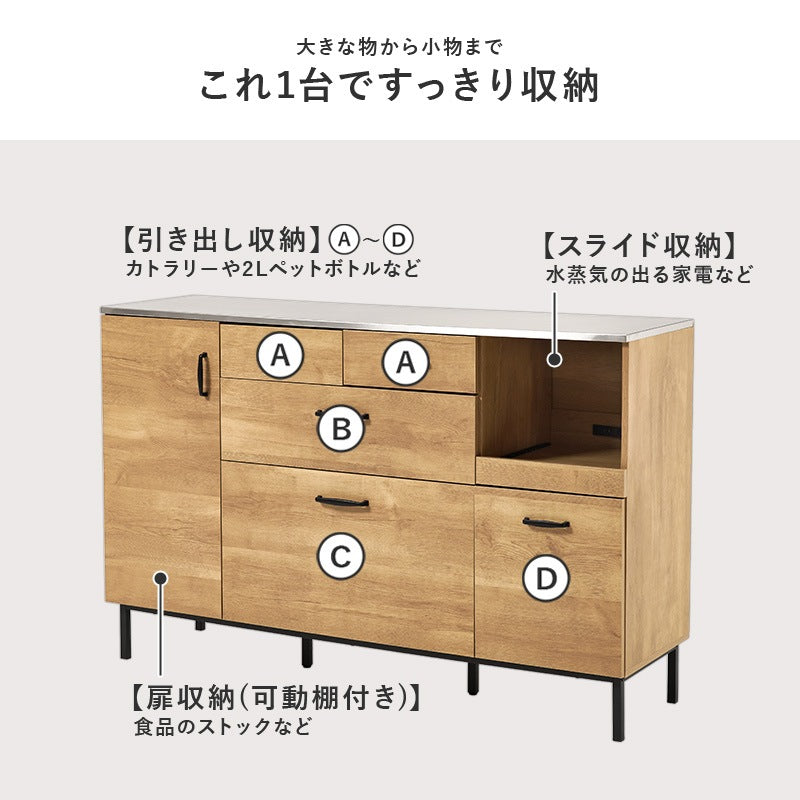 耐熱キッチンカウンター ステンレス天板 キャビネット 幅140cm コンセント付き 大型ワイドタイプ 食器棚 スタイリッシュ