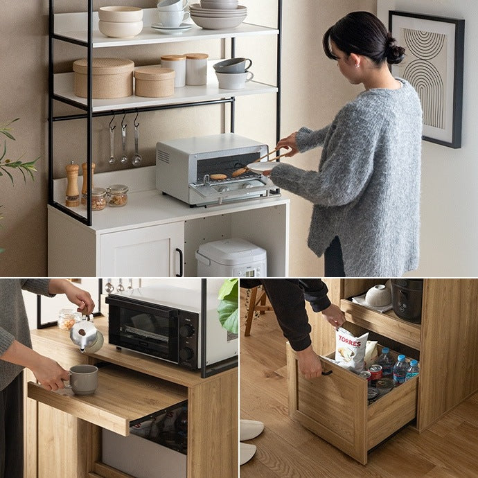 オープン食器棚 キッチン収納 ハイタイプ 幅80cm レンジ台 ブラックスチール 2口コンセント付き
