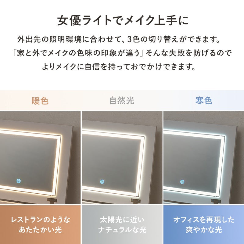 LED 女優2wayドレッサー／デスク + スツールセット 幅80cm コンセント 引き出し ティッシュケース 角度調整ミラー 白