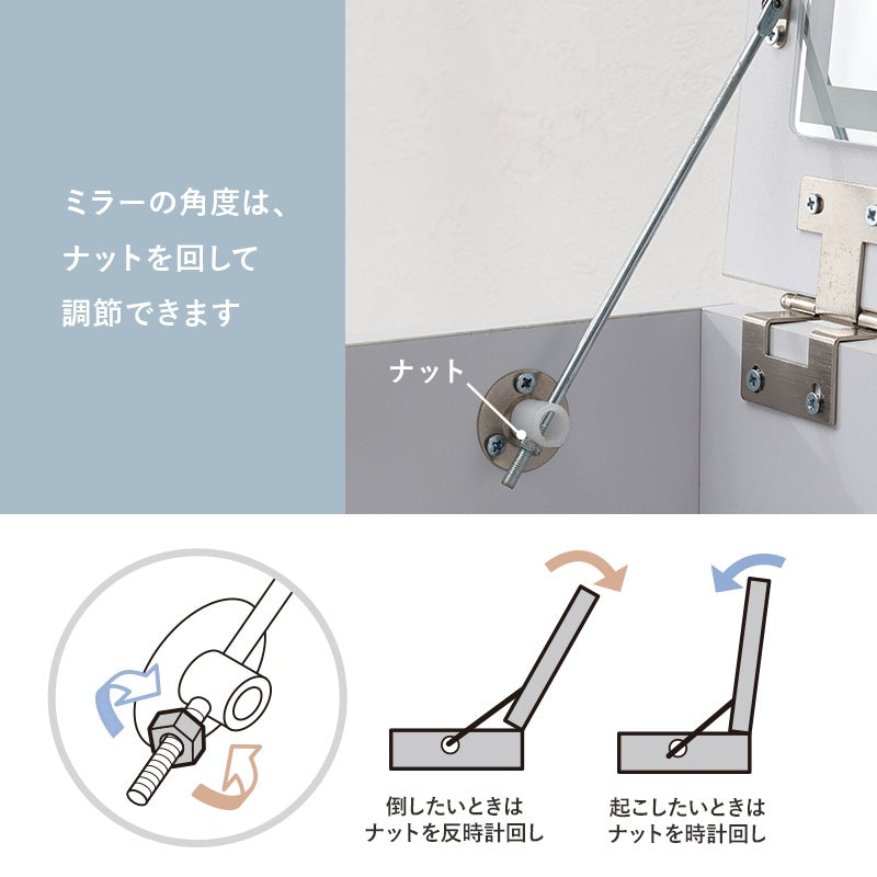 LED 女優2wayドレッサー／デスク + スツールセット 幅50cm コンセント 収納 ティッシュケース 角度調整ミラー 白