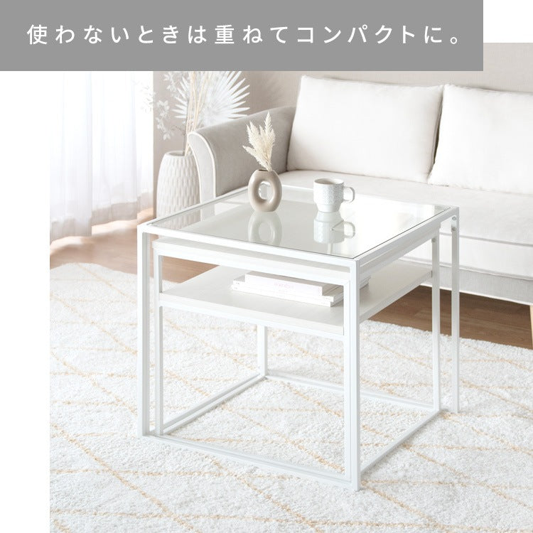 ネストセンターテーブル （ガラステーブル + 棚付きテーブル） テーブルセット ソファーテーブル 高級感 ハイタイプ スタイリッシュ
