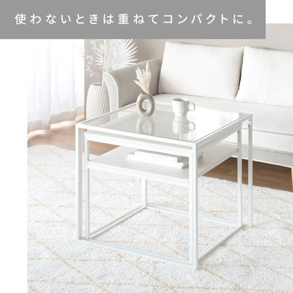 ネストセンターテーブル （ガラステーブル + 棚付きテーブル） テーブルセット ソファーテーブル 高級感 ハイタイプ スタイリッシュ