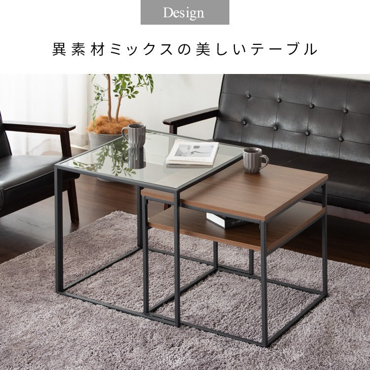 ネストセンターテーブル （ガラステーブル + 棚付きテーブル） テーブルセット ソファーテーブル 高級感 ハイタイプ スタイリッシュ