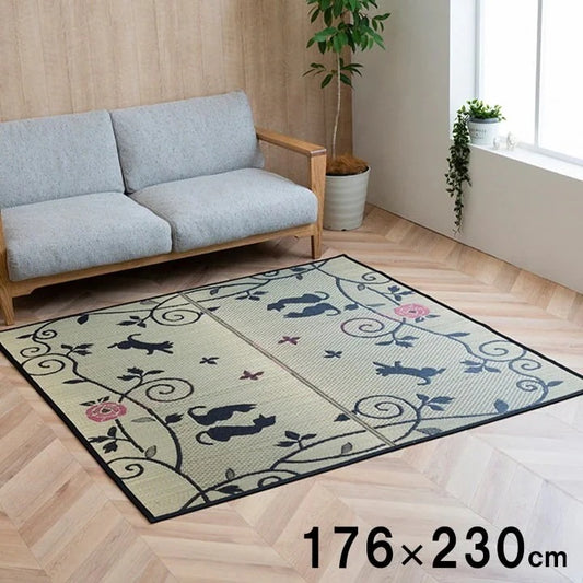 ねこ柄 ラグ い草 176x230cm カーペット 和室 クロネコ 消臭