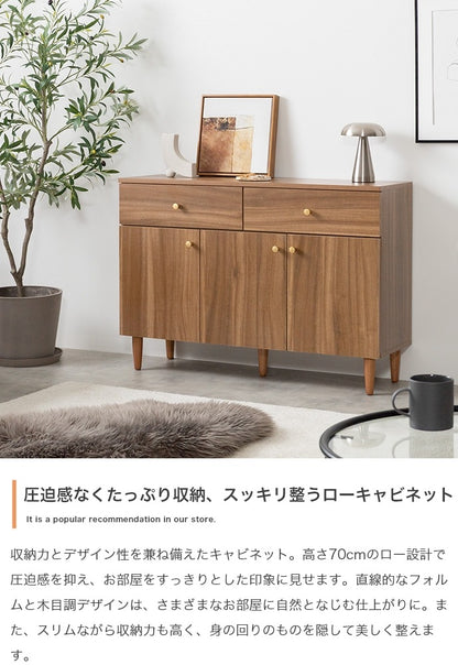 リビングボード 引き出し付きキャビネット 幅100cm 幅広 ロー設計 ゴールド取っ手コード通し穴 引き出し 大容量収納