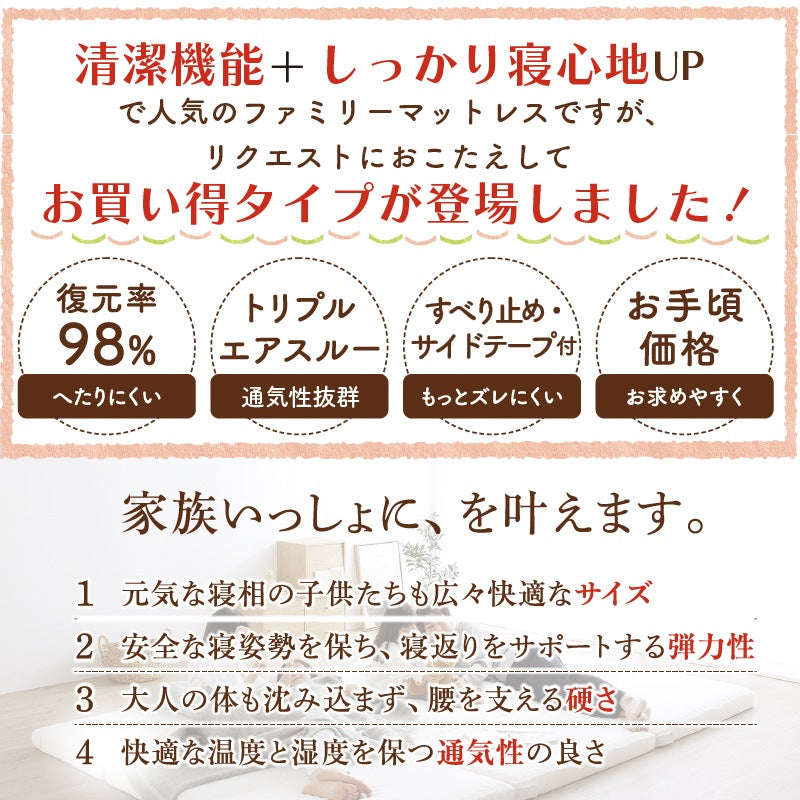 ファミリーマットレス 敷布団 ワイドキング300サイズ（シングルx3） 厚さ8cmタイプ 分割可能 大型マット