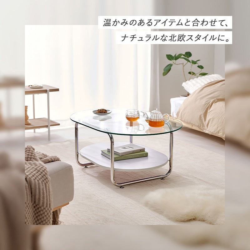 円形ガラステーブル 棚付き 楕円形 90×60cm 強化ガラス 厚さ8mm ローテーブル センターテーブル 安全設計 シルバーメッキ脚