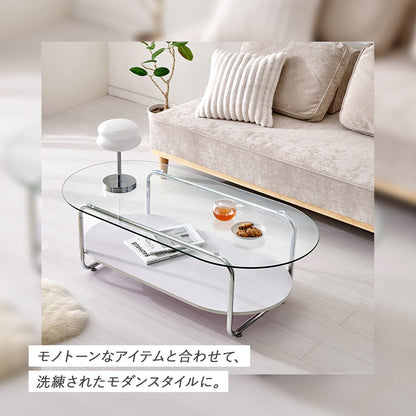 円形ガラステーブル 棚付き 楕円形 120×60cm 強化ガラス 厚さ8mm ローテーブル センターテーブル 安全設計 シルバーメッキ脚