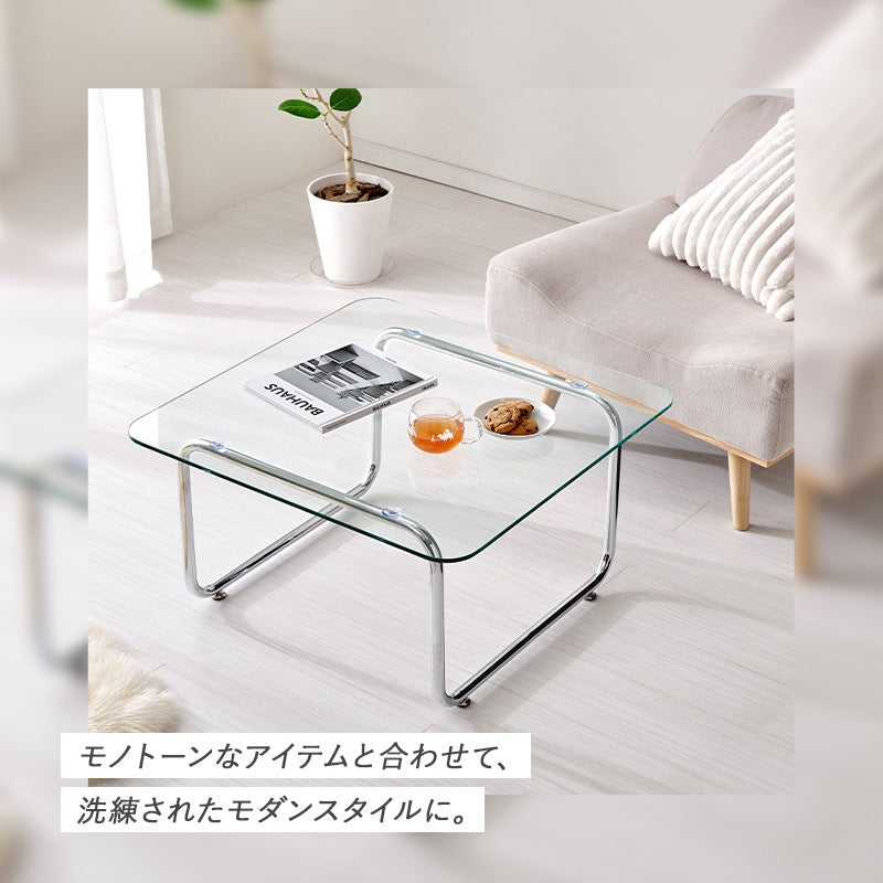 ガラステーブル 70×70cm 強化ガラス 厚さ8mm ローテーブル センターテーブル 安全設計 シルバーメッキ脚