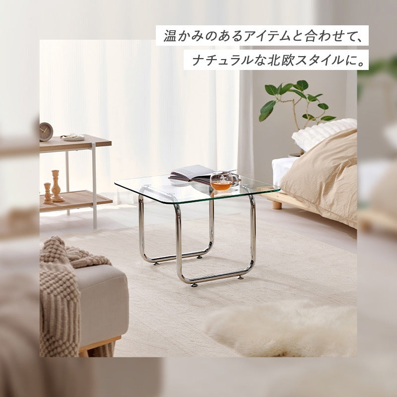 ガラステーブル 55×55cm 強化ガラス 厚さ8mm ローテーブル センターテーブル 安全設計 シルバーメッキ脚