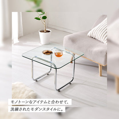 ガラステーブル 55×55cm 強化ガラス 厚さ8mm ローテーブル センターテーブル 安全設計 シルバーメッキ脚