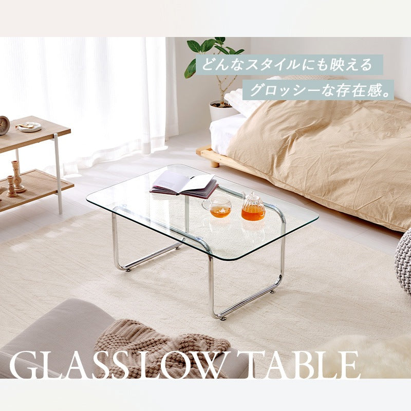 ガラステーブル 90×60cm 強化ガラス 厚さ8mm ローテーブル センターテーブル 安全設計 シルバーメッキ脚
