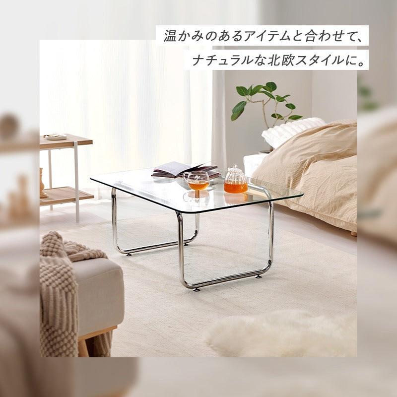 ガラステーブル 90×60cm 強化ガラス 厚さ8mm ローテーブル センターテーブル 安全設計 シルバーメッキ脚