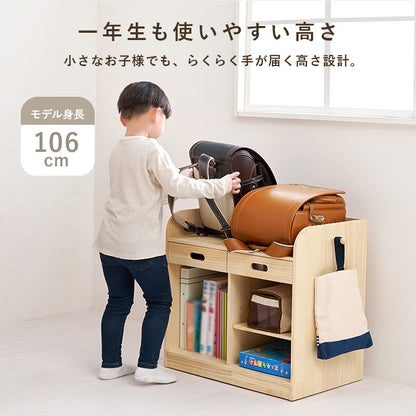ランドセルラック キャスター付き 引き出し付き 天然木 幅62cm A4収納 ブックエンド付き 教科書収納 キッズ収納 子供部屋 ランドセル収納ラック