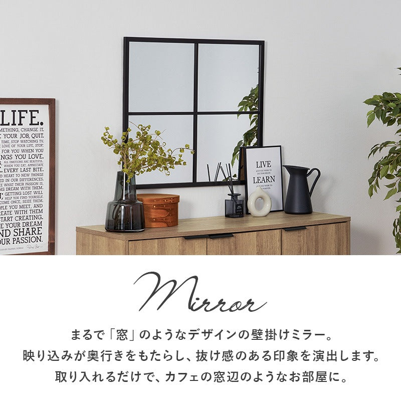 窓枠風 壁掛けミラー 75×65cm ウォールミラー 飛散防止加工 アンティーク 北欧 カフェ風 インテリア