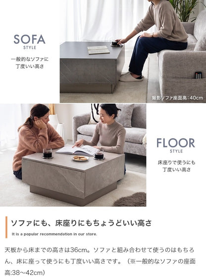 多機能センターテーブル 両側引き出し収納 70×70cm 隠しキャスター付き 撥水メラミン加工