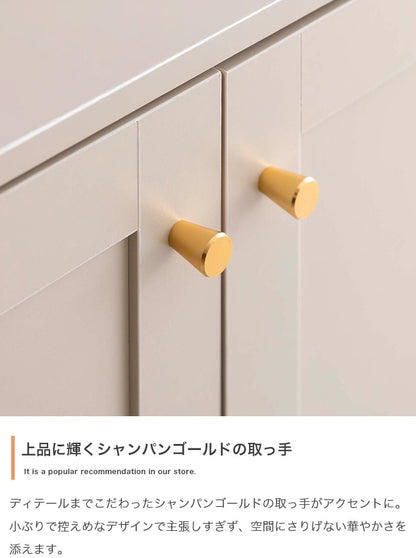 2枚扉キャビネット 框デザイン 幅80cm 可動棚 ゴールド取っ手 コード穴付き