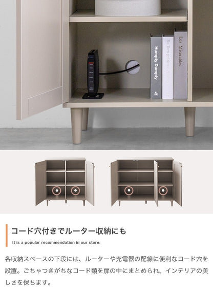 2枚扉キャビネット 框デザイン 幅80cm 可動棚 ゴールド取っ手 コード穴付き
