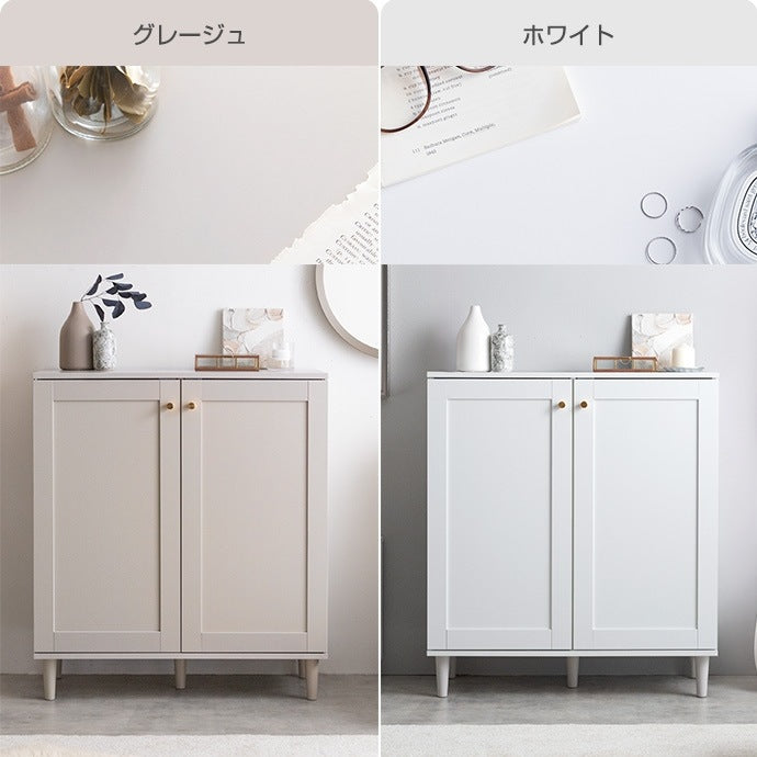 2枚扉キャビネット 框デザイン 幅80cm 可動棚 ゴールド取っ手 コード穴付き
