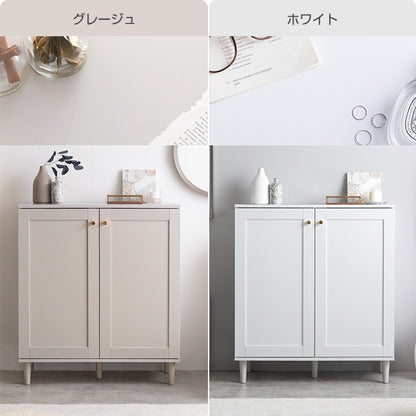 2枚扉キャビネット 框デザイン 幅80cm 可動棚 ゴールド取っ手 コード穴付き