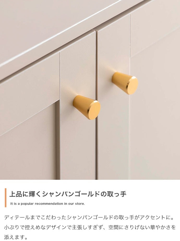 3枚扉キャビネット 框デザイン 幅110cmワイド 可動棚 ゴールド取っ手 コード穴付き
